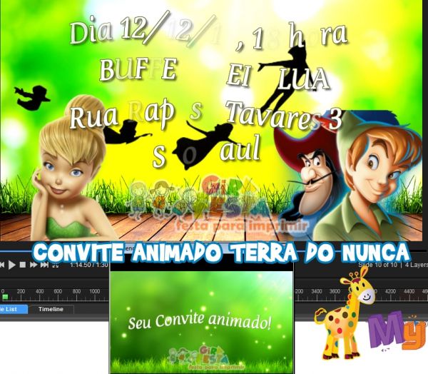 Convite animado terra do nunca sininho peter pan